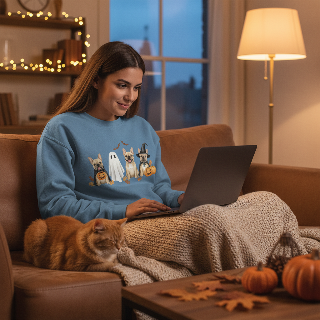 Cute French Bulldog Halloween Tee – Pumpkin, Ghost & Bat Design | Fall Dog Lover Shirt