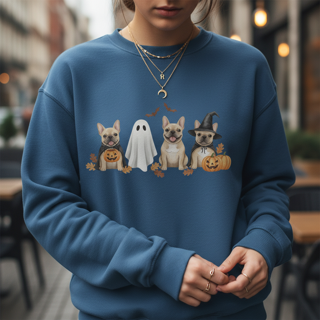 Cute French Bulldog Halloween Tee – Pumpkin, Ghost & Bat Design | Fall Dog Lover Shirt