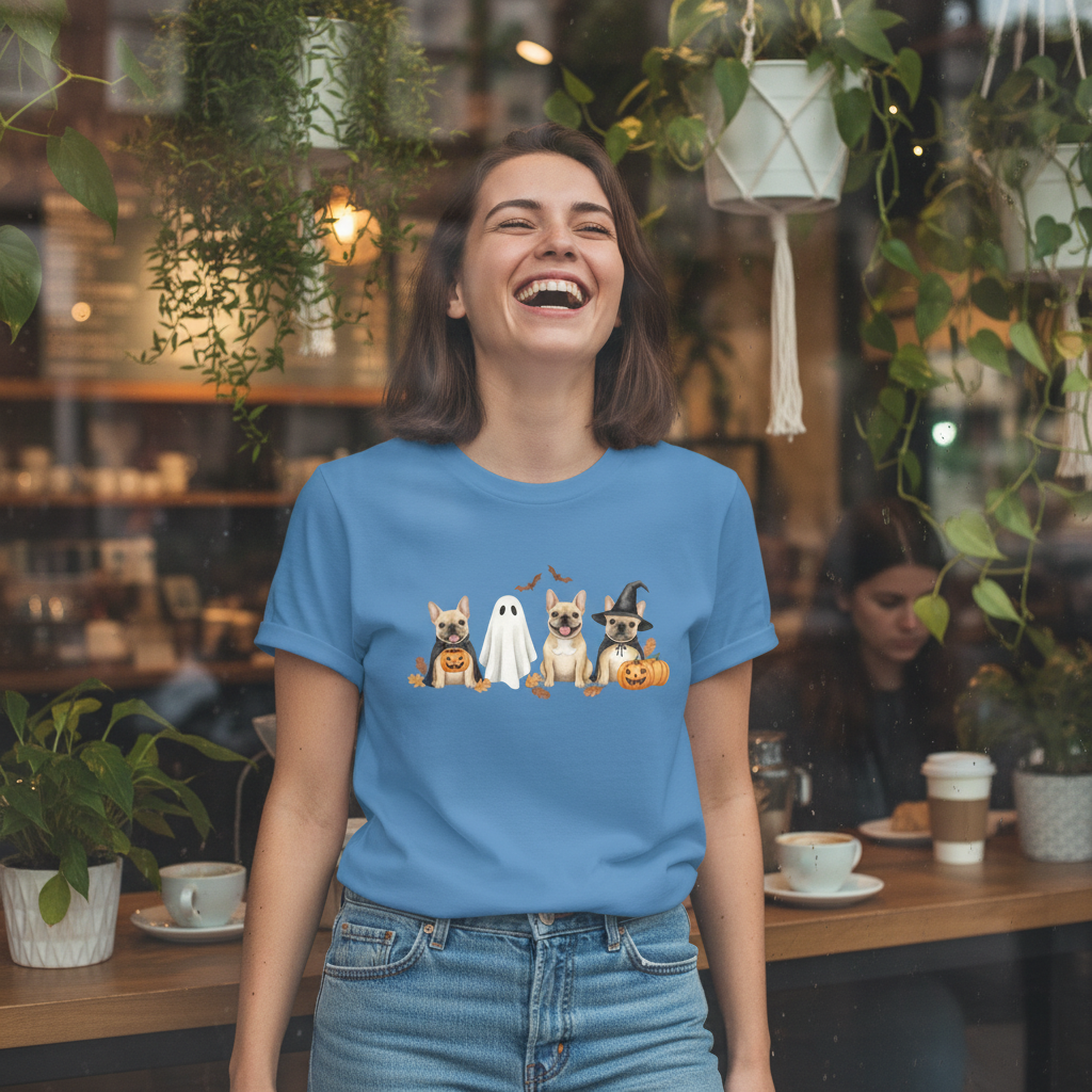 Cute French Bulldog Halloween Tee – Pumpkin, Ghost & Bat Design | Fall Dog Lover Shirt